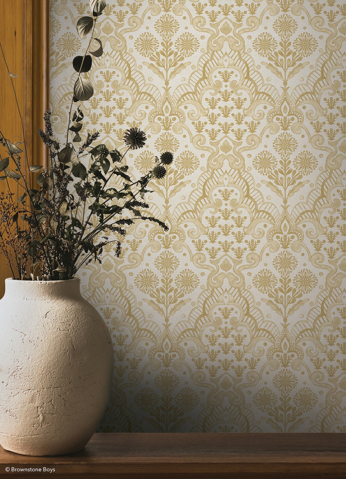 Brownstone Blooms Ochre by NuWallpaper Peel and Stick Damask Botanical Wallpaper, Brownstone Boys Collection, 20.5-in x 18-ft Roll - BBS6551