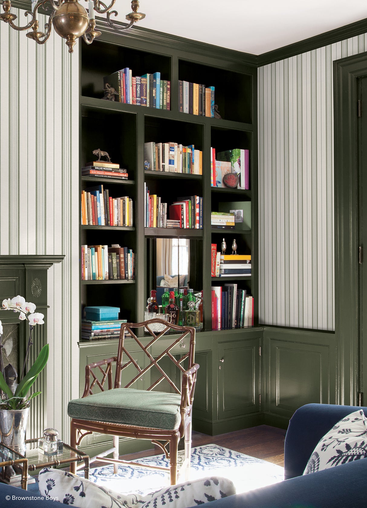 Townhouse Stripe Ivy by Brownstone Boys x WallPops NuWallpaper Traditional Linen Texture Vertical Stripe Peel and Stick Wallpaper - BBS6552