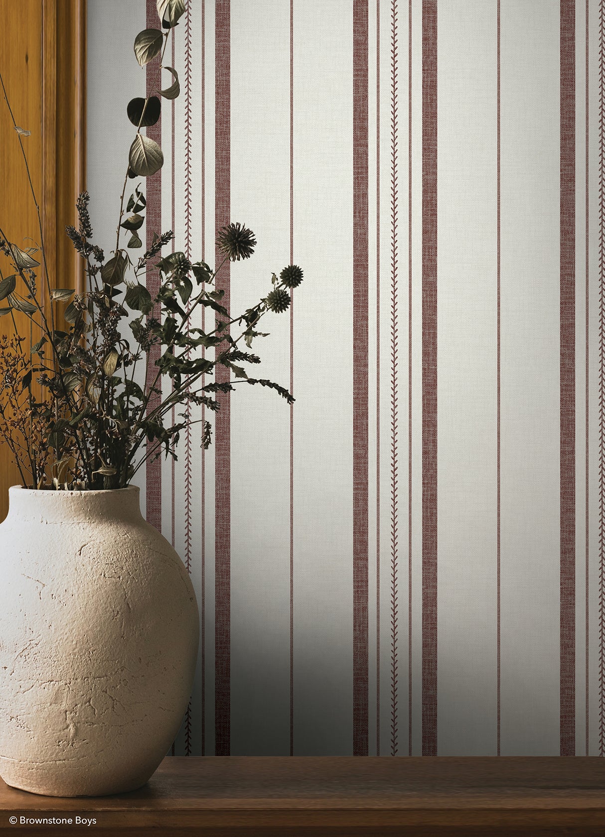 Townhouse Stripe Maroon by NuWallpaper x Brownstone Boys Traditional Linen-Textured Vertical Stripe Peel and Stick Wallpaper - BBS6553