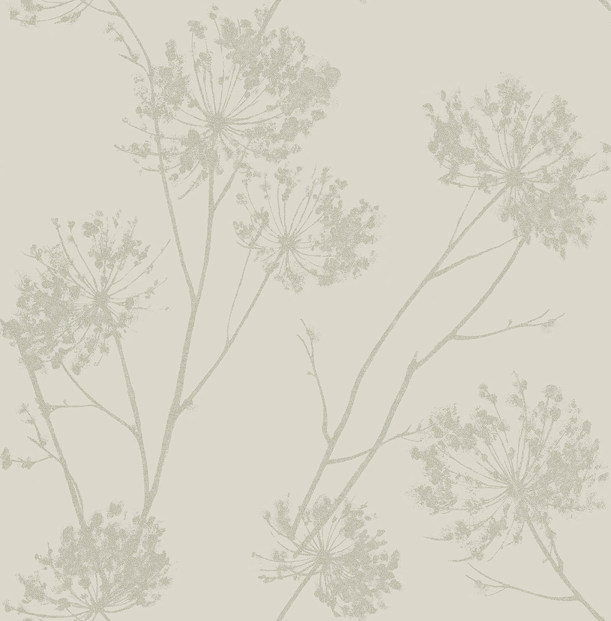 Champagne botanical wallpaper with delicate wild grass silhouettes and a subtle semi-gloss finish.