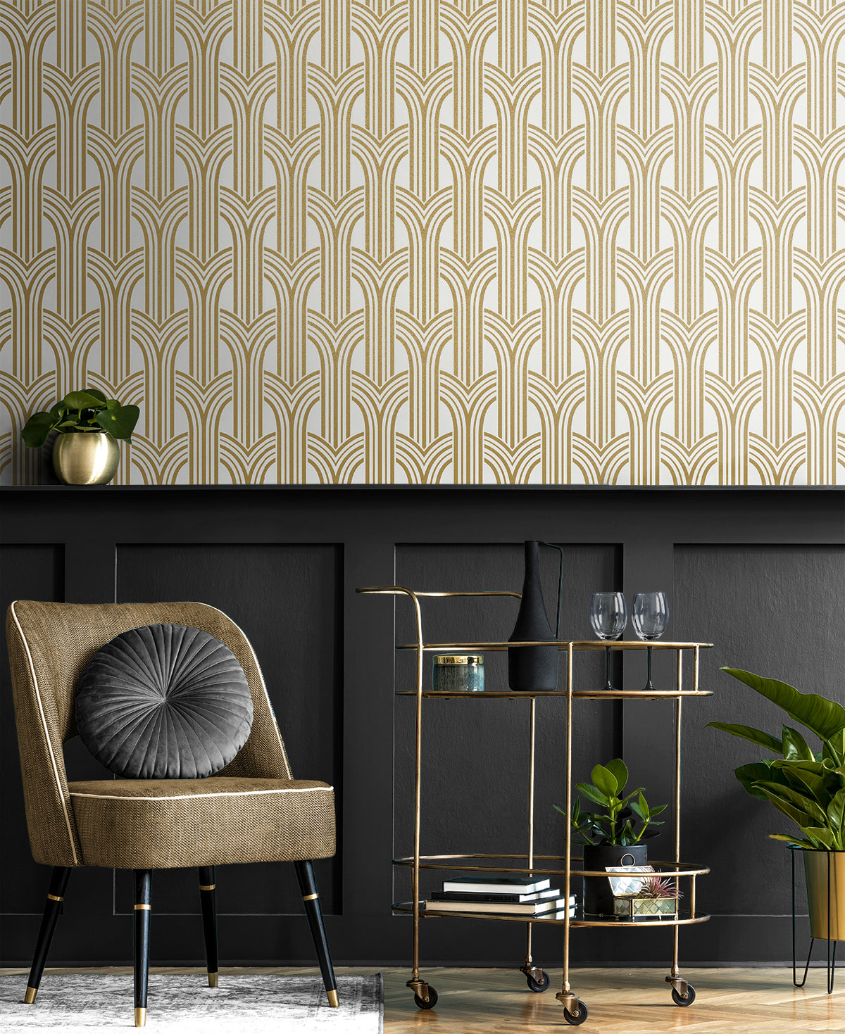 Deco Arches Antique Gold & Pearl by Etten Beaded Geometric Wallpaper – Seabrook Designs BD50406