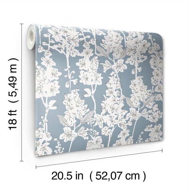 Larkspur Blue Peel & Stick Wallpaper with Botanical Floral Pattern, Farmhouse Style - Brewster BDS6071