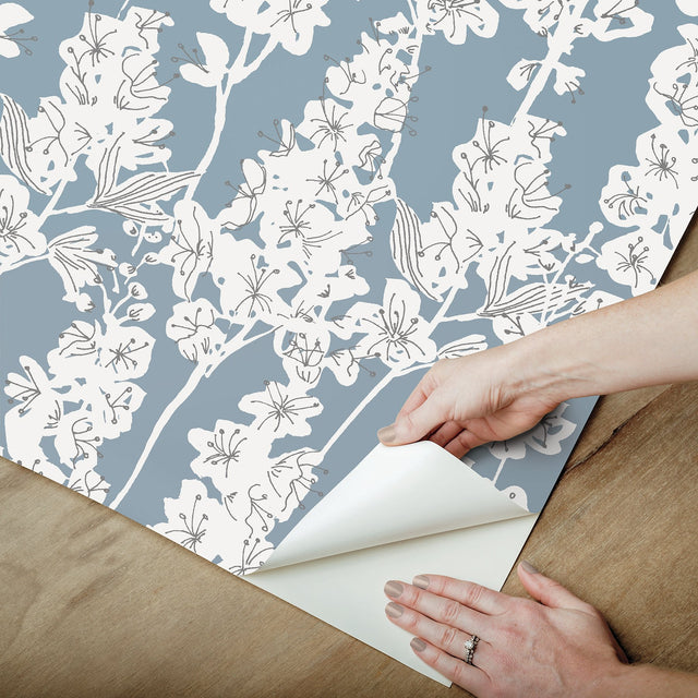 Larkspur Blue Peel & Stick Wallpaper with Botanical Floral Pattern, Farmhouse Style - Brewster BDS6071