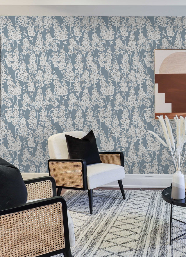 Larkspur Blue Peel & Stick Wallpaper with Botanical Floral Pattern, Farmhouse Style - Brewster BDS6071