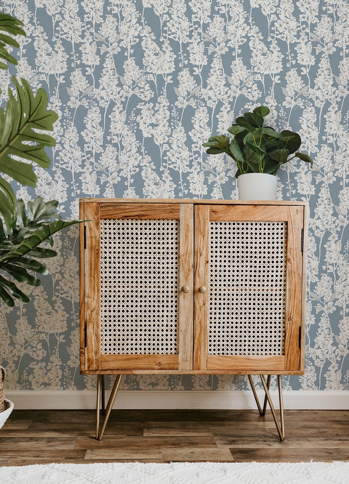 Larkspur Blue Peel & Stick Wallpaper with Botanical Floral Pattern, Farmhouse Style - Brewster BDS6071