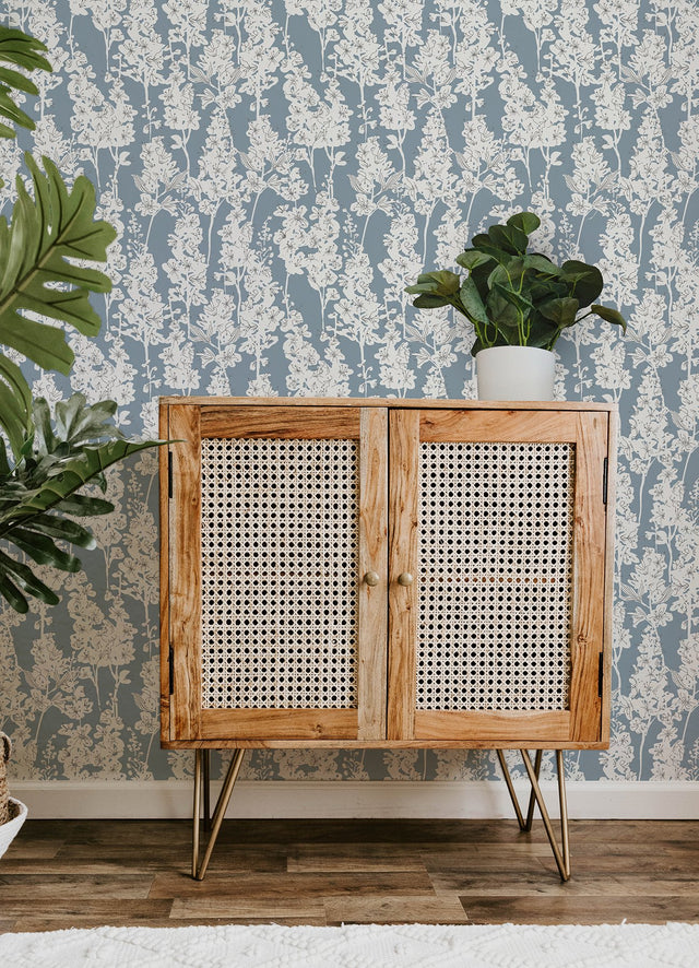 Larkspur Blue Peel & Stick Wallpaper with Botanical Floral Pattern, Farmhouse Style - Brewster BDS6071