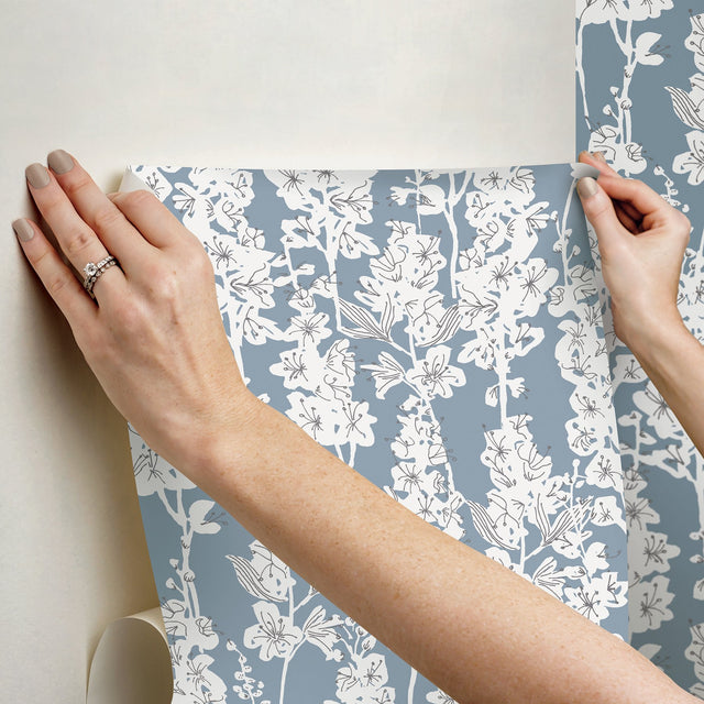 Larkspur Blue Peel & Stick Wallpaper with Botanical Floral Pattern, Farmhouse Style - Brewster BDS6071