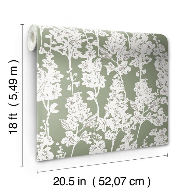 Larkspur Sage Peel & Stick Wallpaper with Botanical Floral Motif - NuWallpaper BDS6072