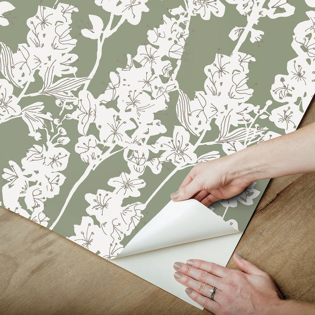 Larkspur Sage Peel & Stick Wallpaper with Botanical Floral Motif - NuWallpaper BDS6072