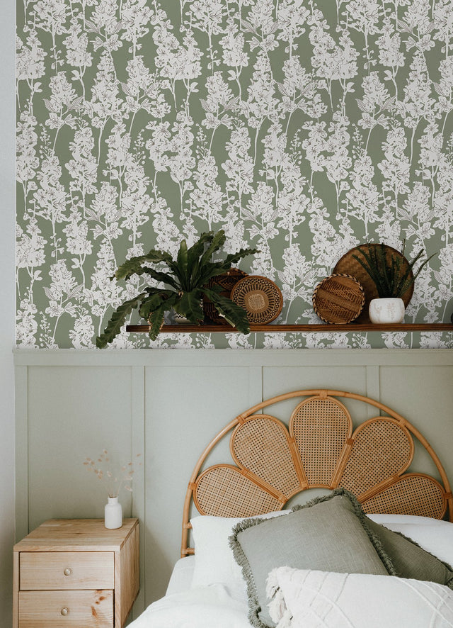 Larkspur Sage Peel & Stick Wallpaper with Botanical Floral Motif - NuWallpaper BDS6072