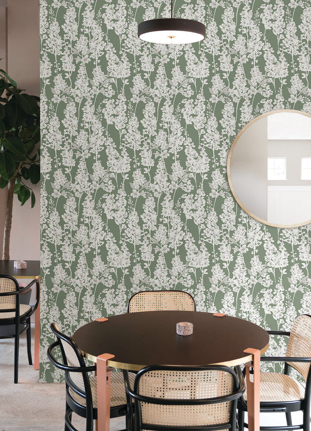 Larkspur Sage Peel & Stick Wallpaper with Botanical Floral Motif - NuWallpaper BDS6072