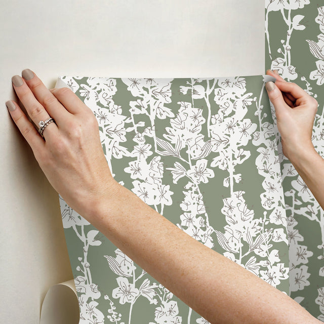 Larkspur Sage Peel & Stick Wallpaper with Botanical Floral Motif - NuWallpaper BDS6072
