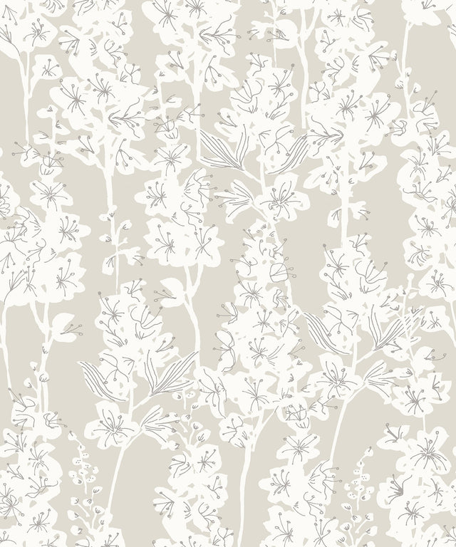 Larkspur Taupe Peel & Stick Wallpaper with Botanical Floral Motif - NuWallpaper BDS6073