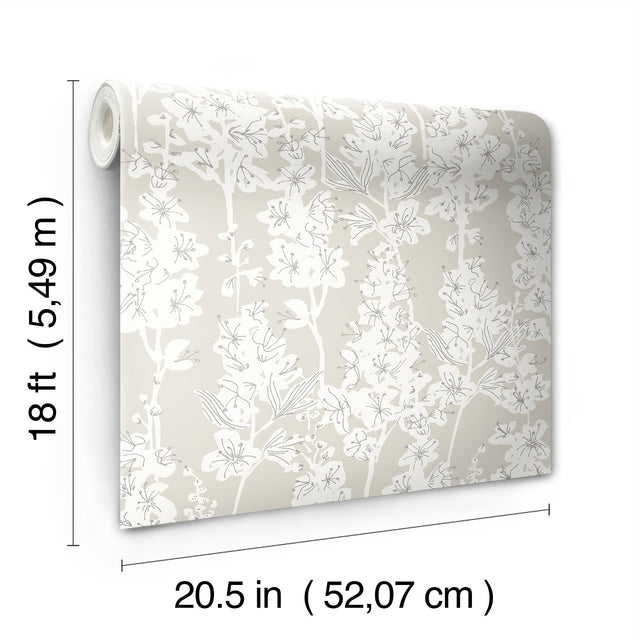 Larkspur Taupe Peel & Stick Wallpaper with Botanical Floral Motif - NuWallpaper BDS6073