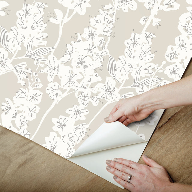 Larkspur Taupe Peel & Stick Wallpaper with Botanical Floral Motif - NuWallpaper BDS6073