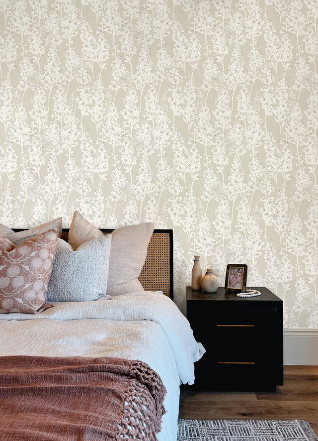 Larkspur Taupe Peel & Stick Wallpaper with Botanical Floral Motif - NuWallpaper BDS6073
