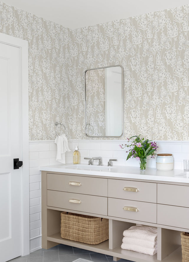 Larkspur Taupe Peel & Stick Wallpaper with Botanical Floral Motif - NuWallpaper BDS6073