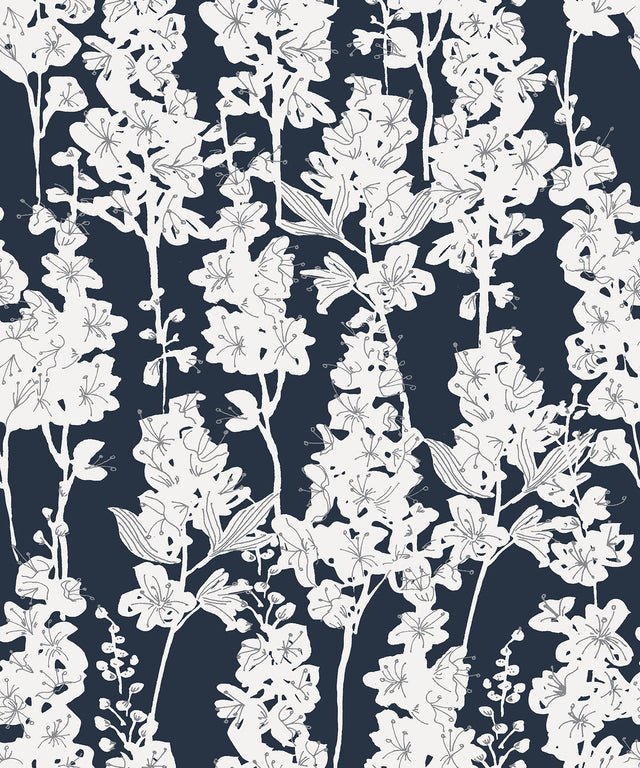 Larkspur Navy Peel & Stick Wallpaper with Botanical Floral Pattern - NuWallpaper BDS6074