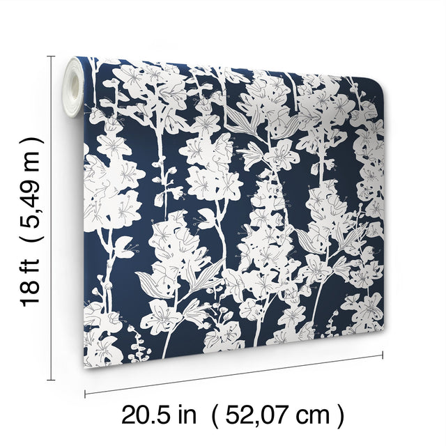 Larkspur Navy Peel & Stick Wallpaper with Botanical Floral Pattern - NuWallpaper BDS6074