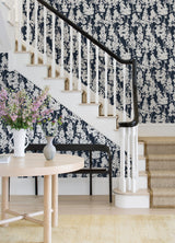 Larkspur Navy Peel & Stick Wallpaper with Botanical Floral Pattern - NuWallpaper BDS6074