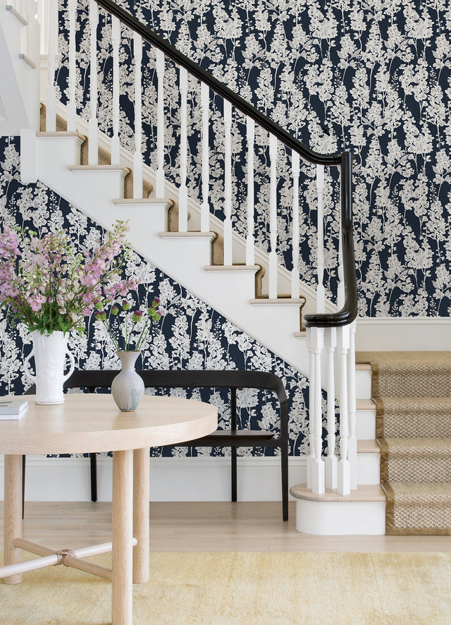 Larkspur Navy Peel & Stick Wallpaper with Botanical Floral Pattern - NuWallpaper BDS6074