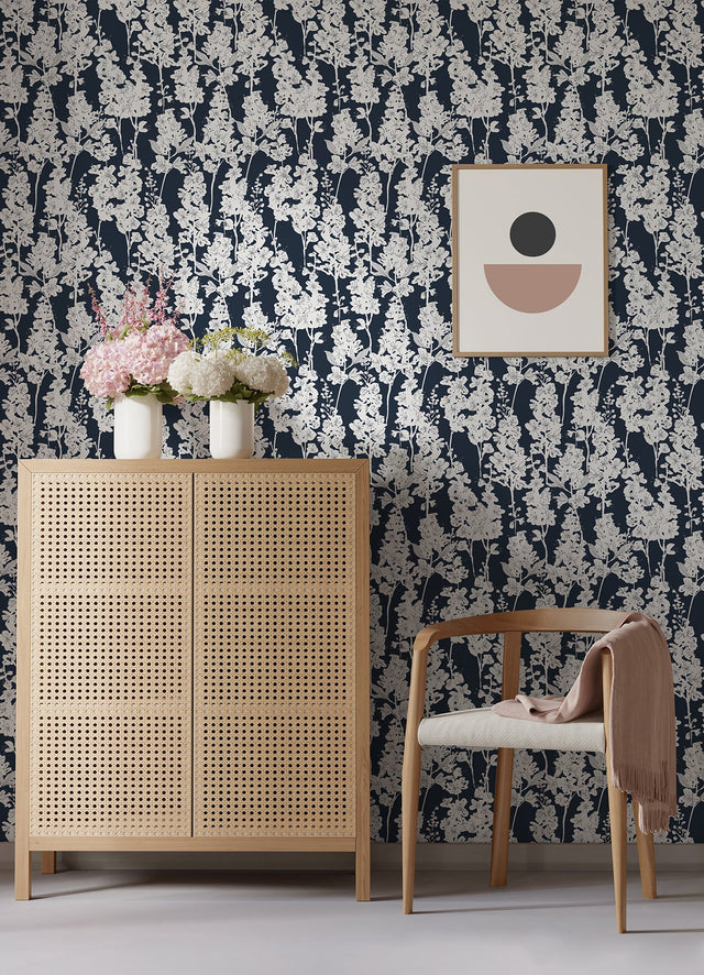 Larkspur Navy Peel & Stick Wallpaper with Botanical Floral Pattern - NuWallpaper BDS6074