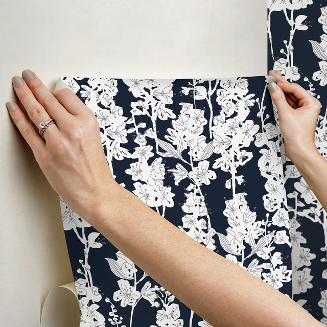 Larkspur Navy Peel & Stick Wallpaper with Botanical Floral Pattern - NuWallpaper BDS6074