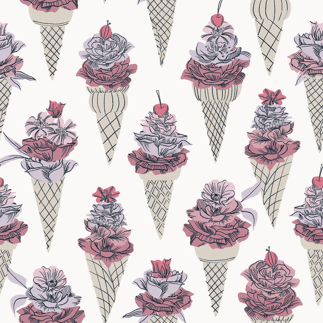Floral Ice Cream Pink Peel & Stick Wallpaper with Botanical Ice Cream-Cone Floral Pattern - NuWallpaper BDS6075