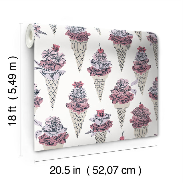 Floral Ice Cream Pink Peel & Stick Wallpaper with Botanical Ice Cream-Cone Floral Pattern - NuWallpaper BDS6075