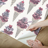 Floral Ice Cream Pink Peel & Stick Wallpaper with Botanical Ice Cream-Cone Floral Pattern - NuWallpaper BDS6075