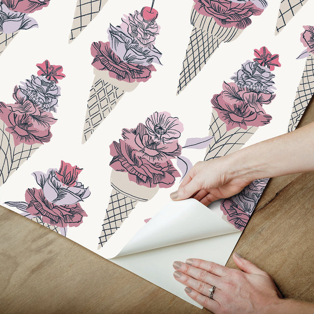 Floral Ice Cream Pink Peel & Stick Wallpaper with Botanical Ice Cream-Cone Floral Pattern - NuWallpaper BDS6075