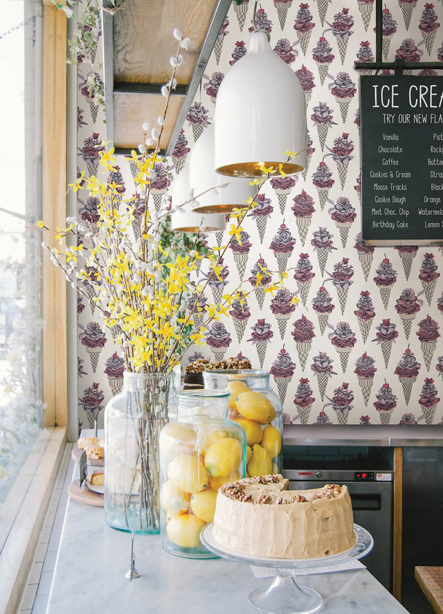Floral Ice Cream Pink Peel & Stick Wallpaper with Botanical Ice Cream-Cone Floral Pattern - NuWallpaper BDS6075