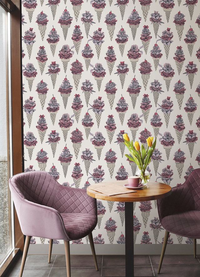 Floral Ice Cream Pink Peel & Stick Wallpaper with Botanical Ice Cream-Cone Floral Pattern - NuWallpaper BDS6075