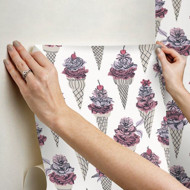Floral Ice Cream Pink Peel & Stick Wallpaper with Botanical Ice Cream-Cone Floral Pattern - NuWallpaper BDS6075