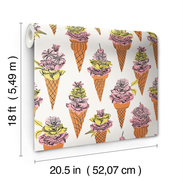 Floral Ice Cream Orange Peel & Stick Wallpaper with Modern Botanical Flowers Pattern - NuWallpaper BDS6076