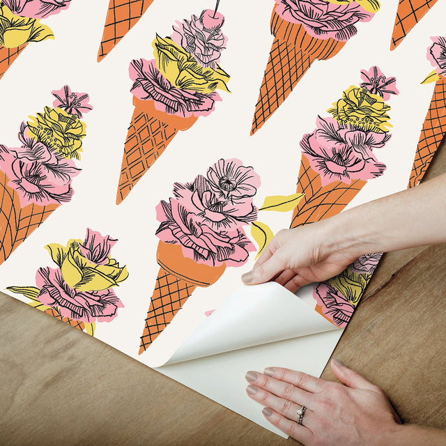 Floral Ice Cream Orange Peel & Stick Wallpaper with Modern Botanical Flowers Pattern - NuWallpaper BDS6076