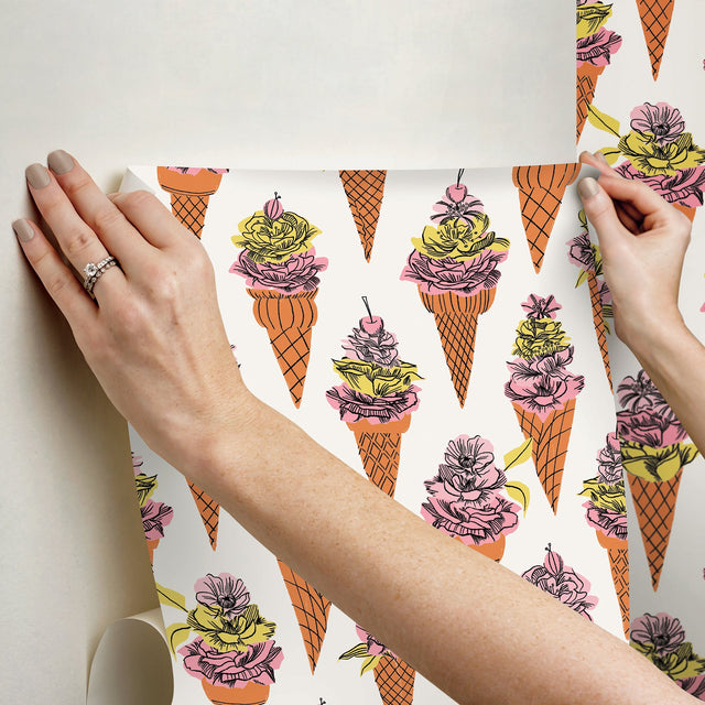 Floral Ice Cream Orange Peel & Stick Wallpaper with Modern Botanical Flowers Pattern - NuWallpaper BDS6076