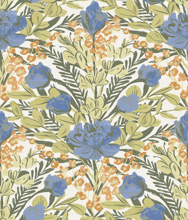 Moody June Blooms Bright Peel & Stick Wallpaper in Multicolor Floral Damask - Brewster BDS6077