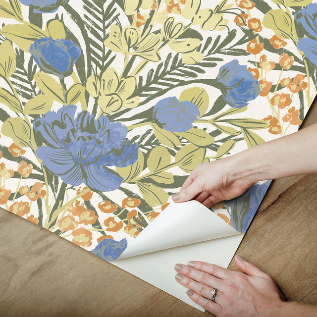 Moody June Blooms Bright Peel & Stick Wallpaper in Multicolor Floral Damask - Brewster BDS6077