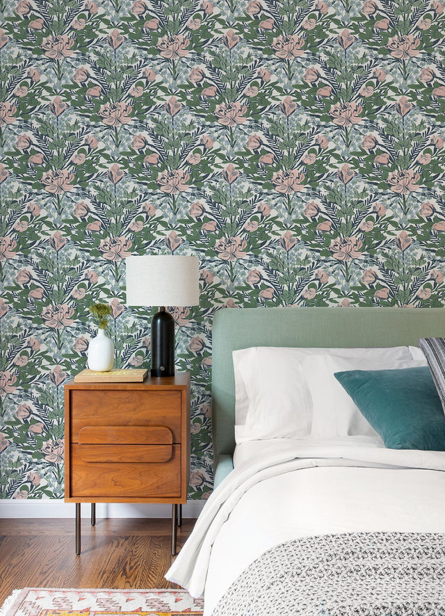 Moody June Blooms Soft Peel & Stick Wallpaper Soft Multi Floral Damask - NuWallpaper BDS6078