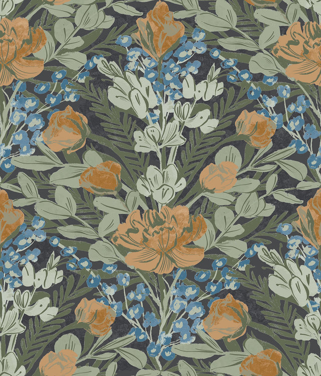 Moody June Blooms Dark Peel & Stick Wallpaper with Botanical Floral Damask - NuWallpaper BDS6079