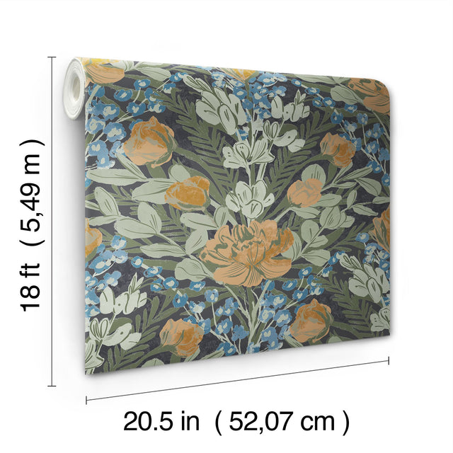 Moody June Blooms Dark Peel & Stick Wallpaper with Botanical Floral Damask - NuWallpaper BDS6079