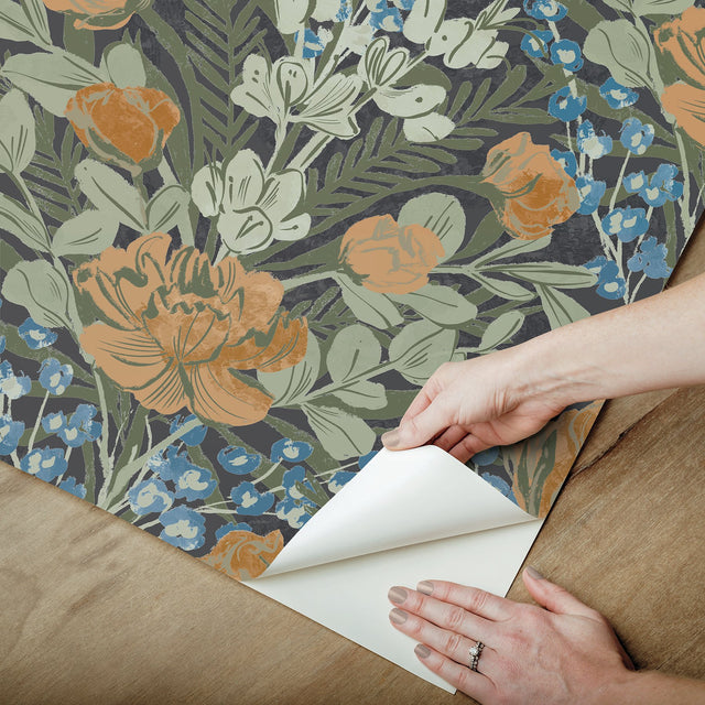 Moody June Blooms Dark Peel & Stick Wallpaper with Botanical Floral Damask - NuWallpaper BDS6079