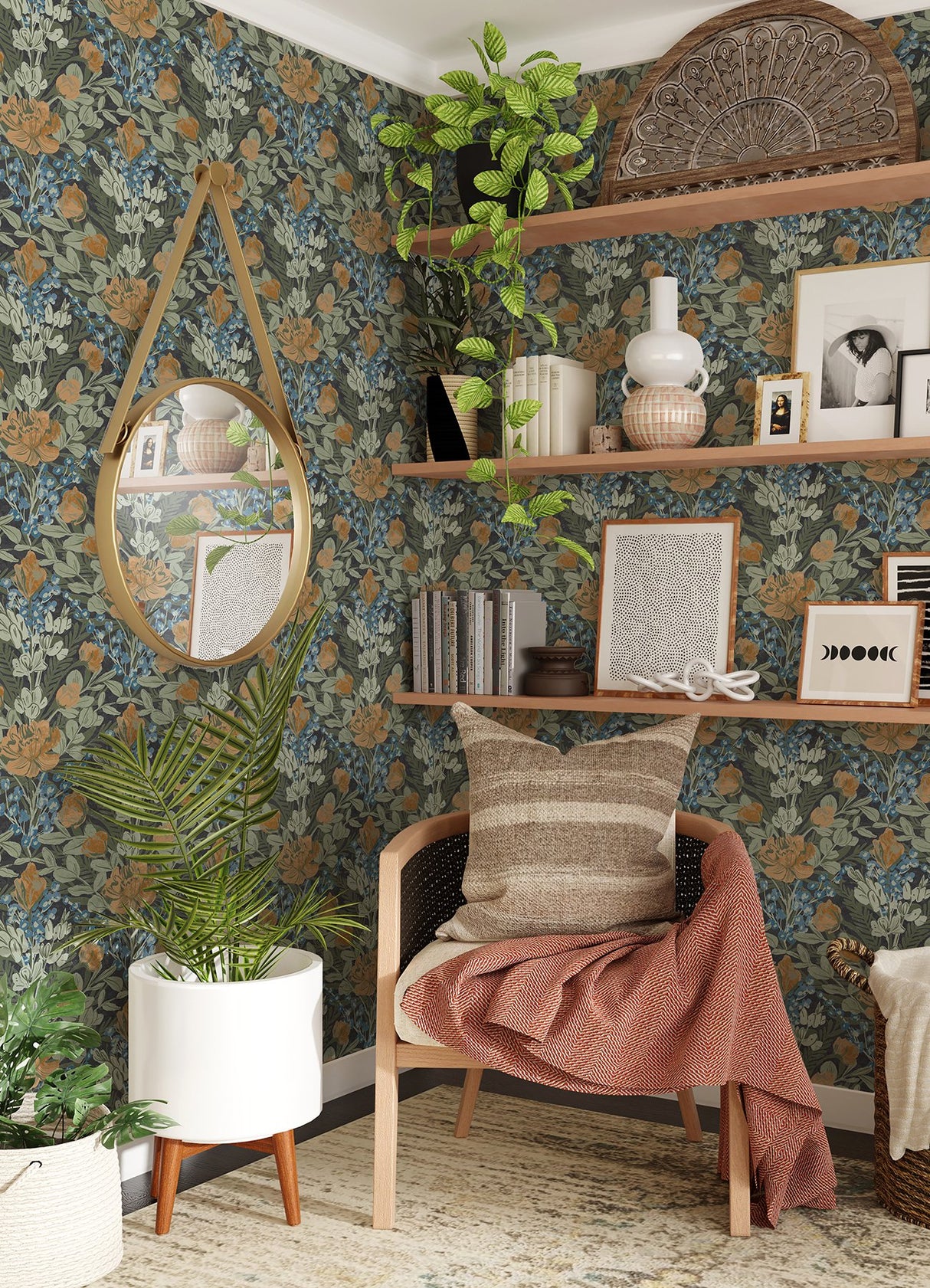 Moody June Blooms Dark Peel & Stick Wallpaper with Botanical Floral Damask - NuWallpaper BDS6079