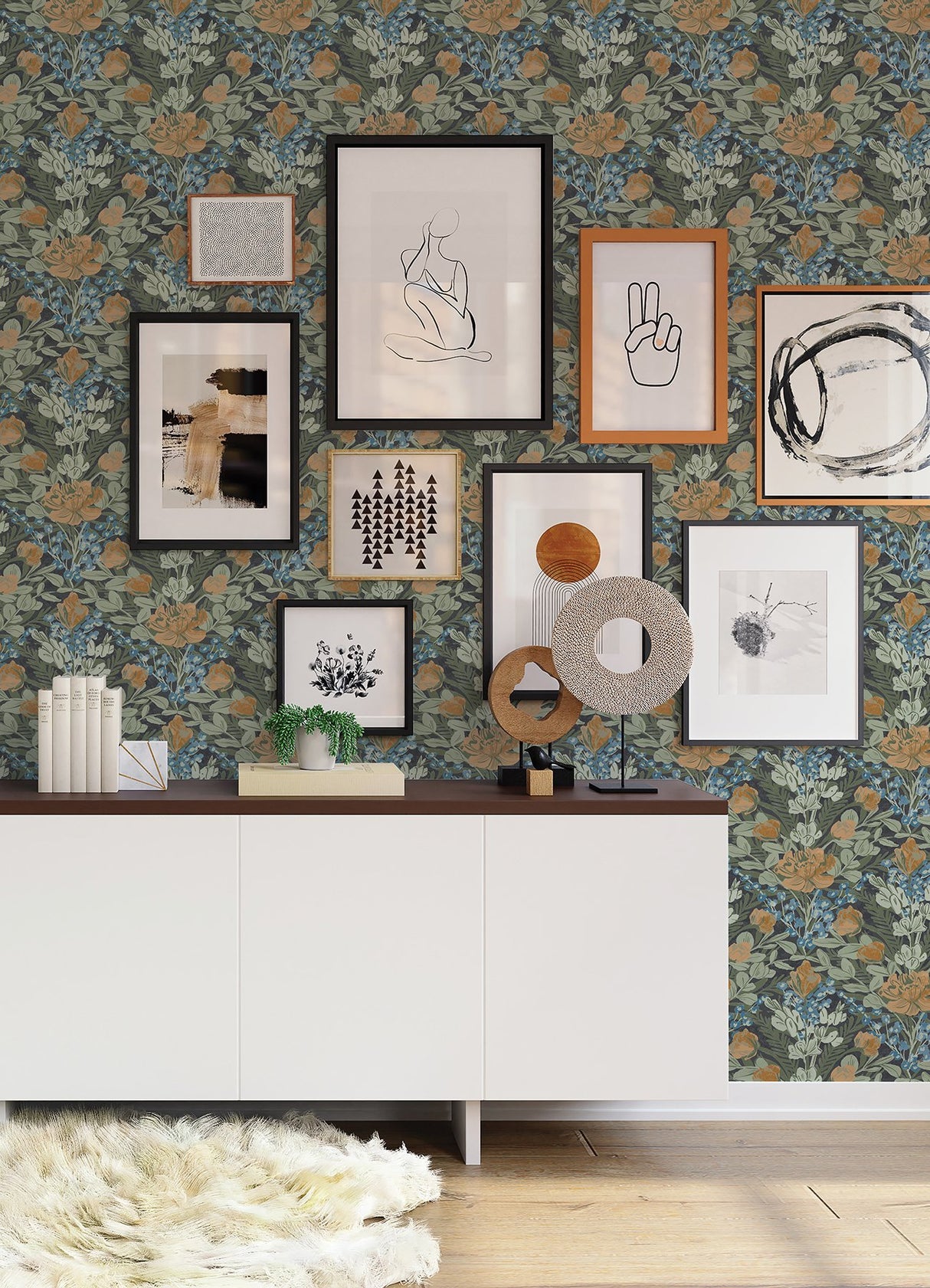 Moody June Blooms Dark Peel & Stick Wallpaper with Botanical Floral Damask - NuWallpaper BDS6079