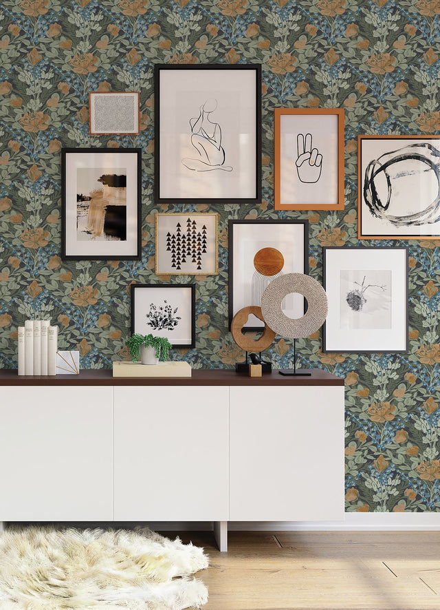 Moody June Blooms Dark Peel & Stick Wallpaper with Botanical Floral Damask - NuWallpaper BDS6079