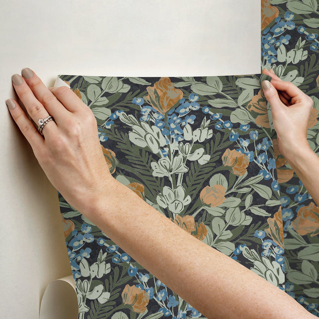 Moody June Blooms Dark Peel & Stick Wallpaper with Botanical Floral Damask - NuWallpaper BDS6079