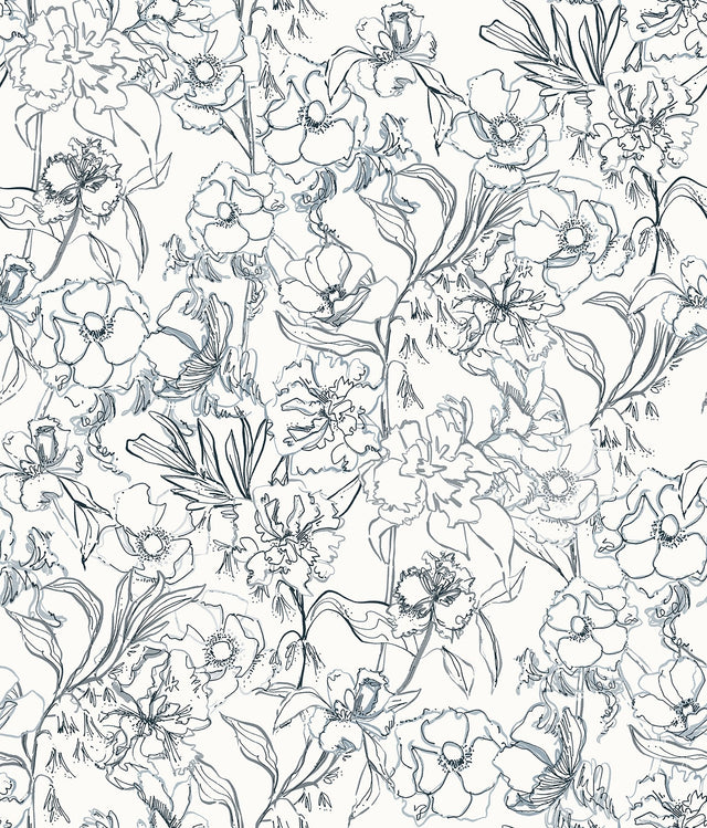 May Bloom Navy Peel & Stick Wallpaper with Botanical Floral Linework - NuWallpaper BDS6080
