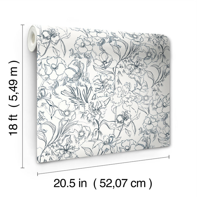 May Bloom Navy Peel & Stick Wallpaper with Botanical Floral Linework - NuWallpaper BDS6080