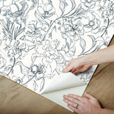 May Bloom Navy Peel & Stick Wallpaper with Botanical Floral Linework - NuWallpaper BDS6080